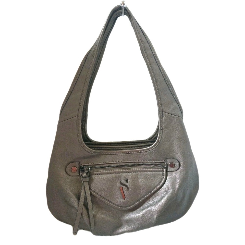 Simply Vera Wang Purse Gray Metallic 3 Section Shoulder Handbag Zippered Satchel